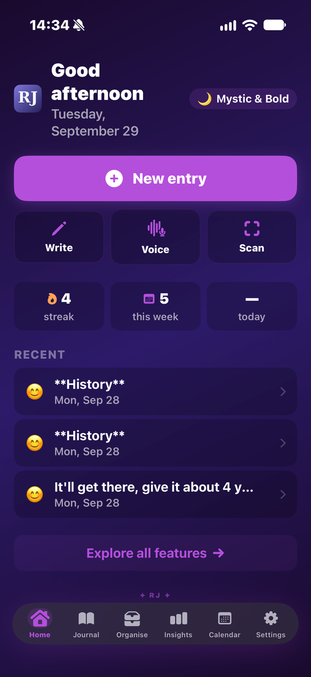Rhythm Journal on iPhone — a private home screen with quick Write, Voice, and Scan actions